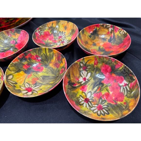 Vtg 70s Pink Floral Fiberglass Serving Snack Sald Bowls Set w Tray Napkins Patio - Picture 9 of 14